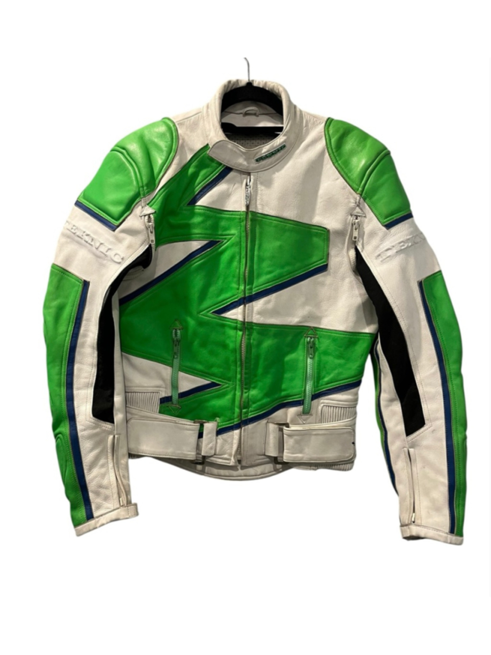 Vintage 90s Teknic Leather Motorcycle Jacket Green White Kawasaki Ninja Size 42